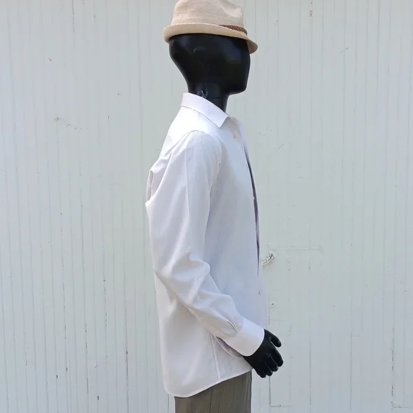 CHRISTIAN DIOR VINTAGE MEN'S PURE WHITE STRIPED LUXURY * CRESTED DRESS SHIRT